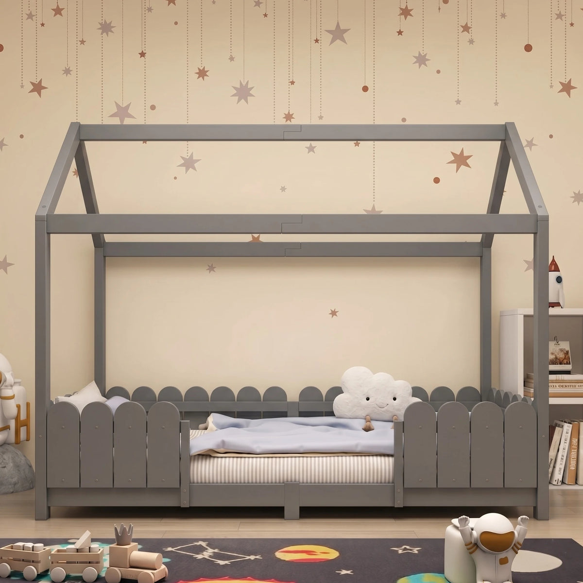 Lit Cabane Enfant avec Barrières Blanc et Gris en Bois Naturel