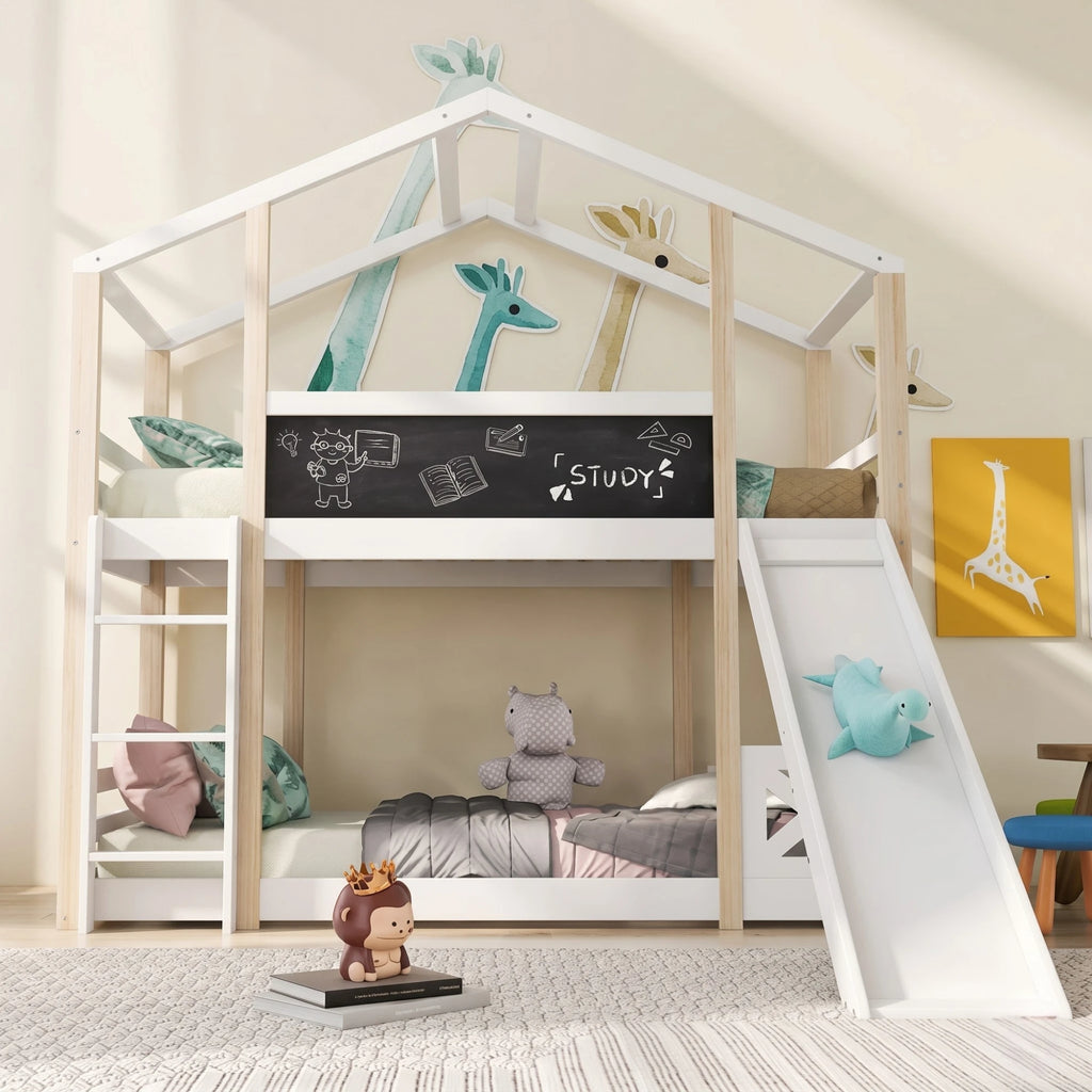 Lit Superposé Enfant avec Toboggan et Tableau | Bois Naturel