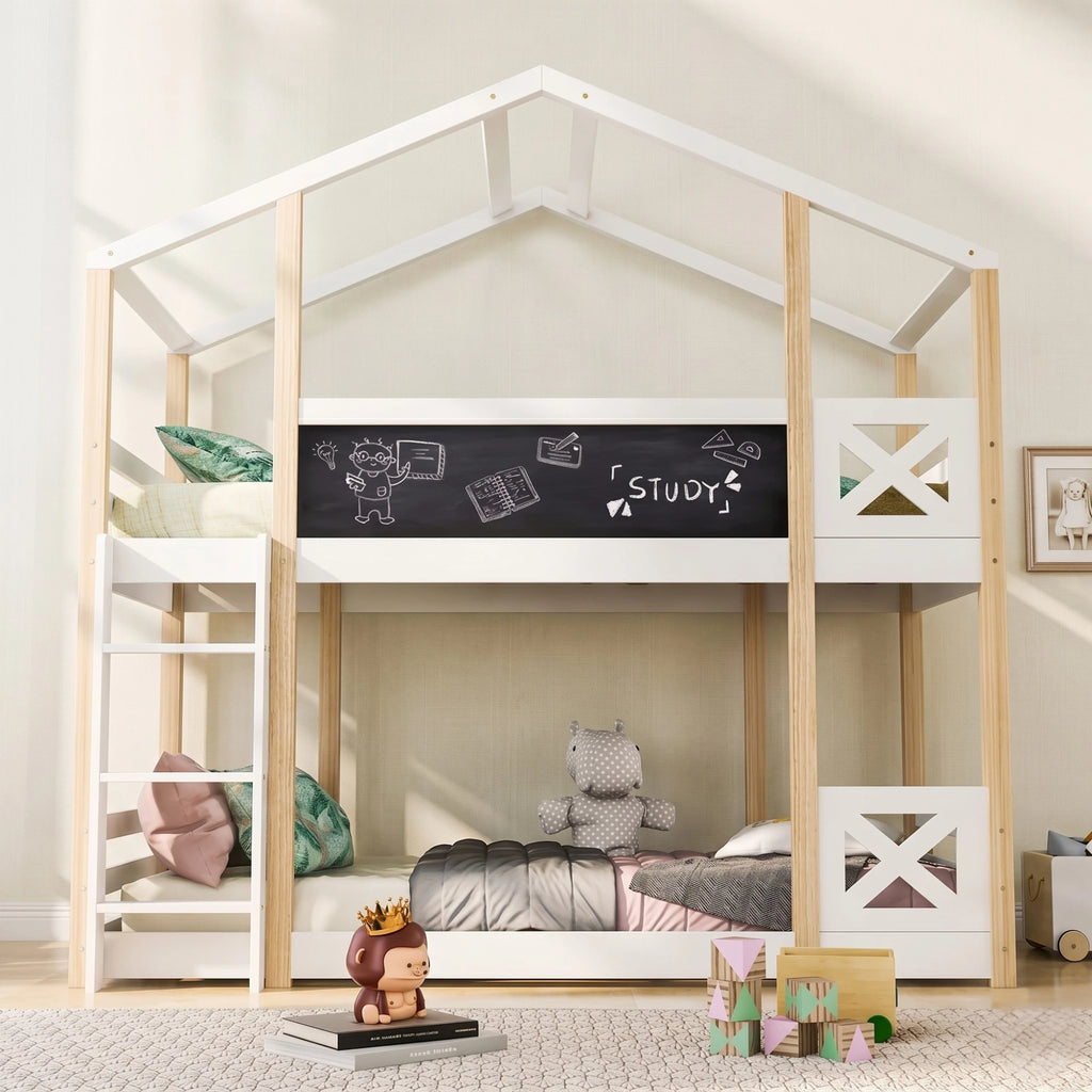 Lit Superposé Enfant avec Toboggan et Tableau | Bois Naturel