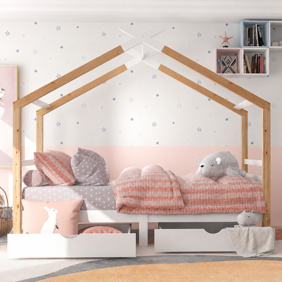 Lit Cabane Enfant avec Tiroirs et Sommier en Bois Naturel