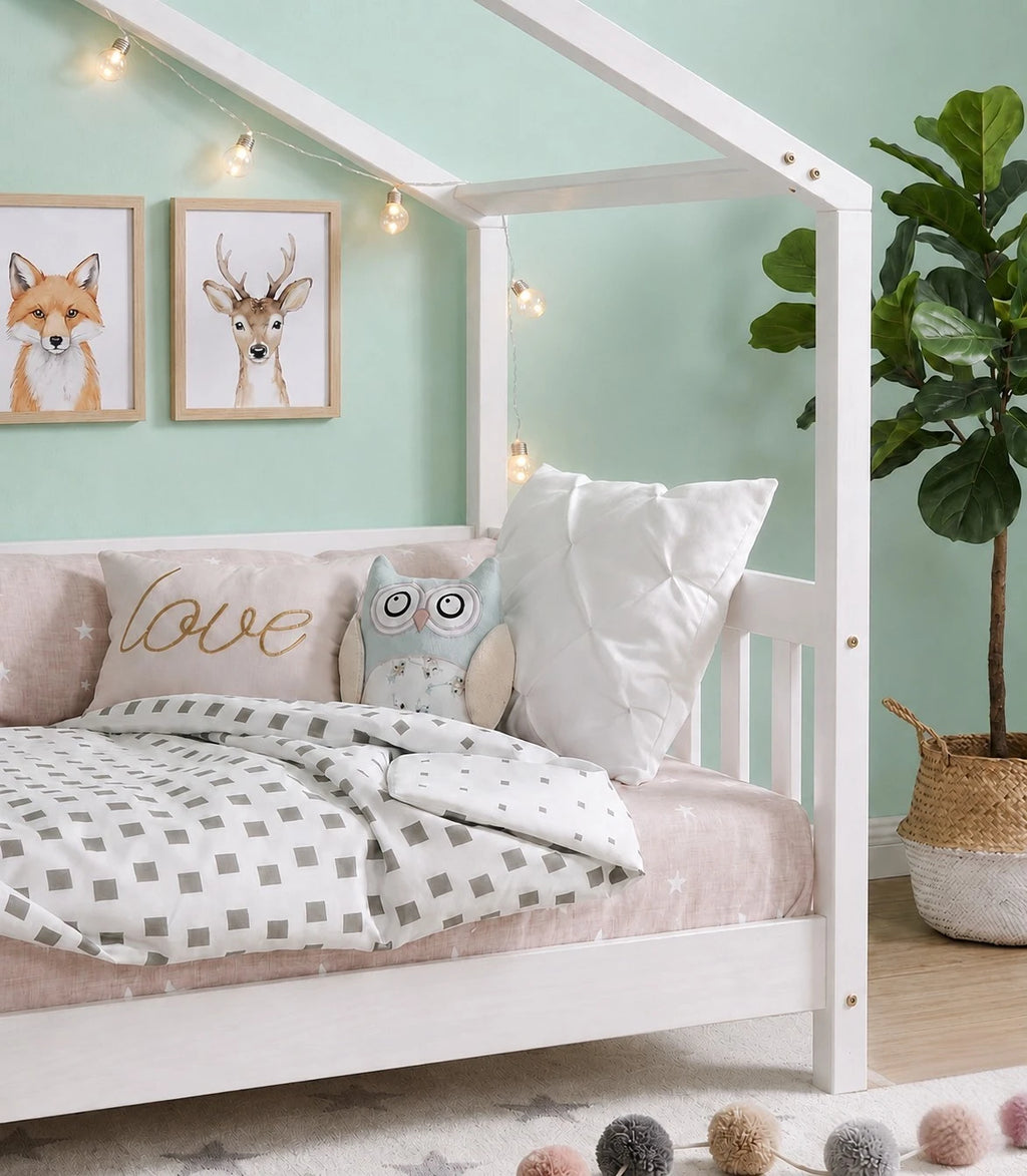 Lit Cabane Enfant avec Barrière en Bois Naturel