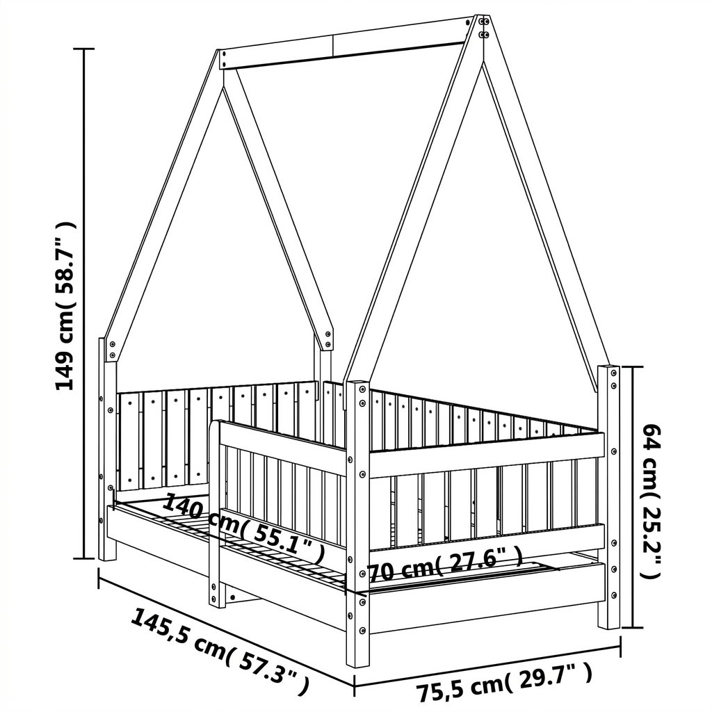 Lit Cabane Enfant en Bois de Pin Massif avec Barrière