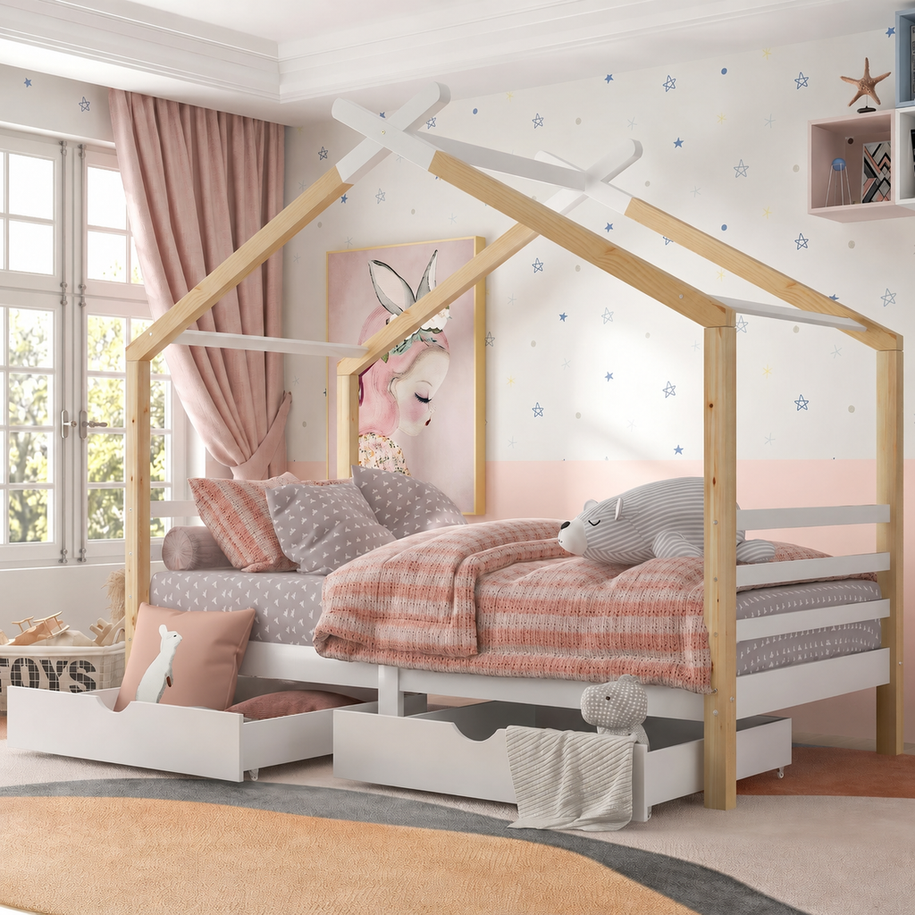Lit Cabane Enfant avec Tiroirs et Sommier en Bois Naturel
