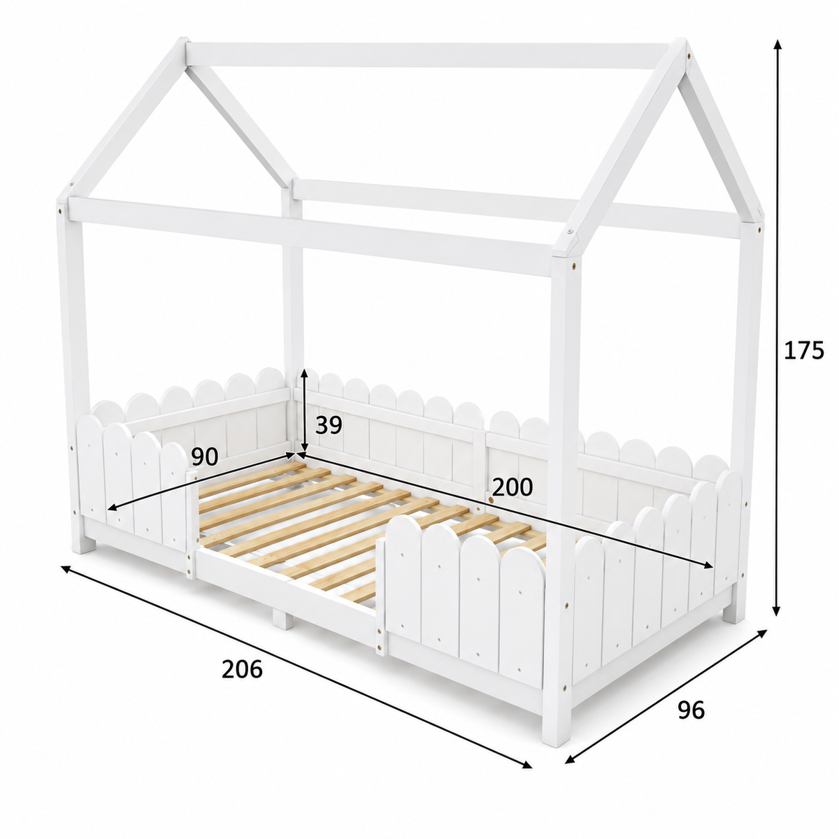Lit Cabane Enfant avec Barrières Blanc et Gris en Bois Naturel