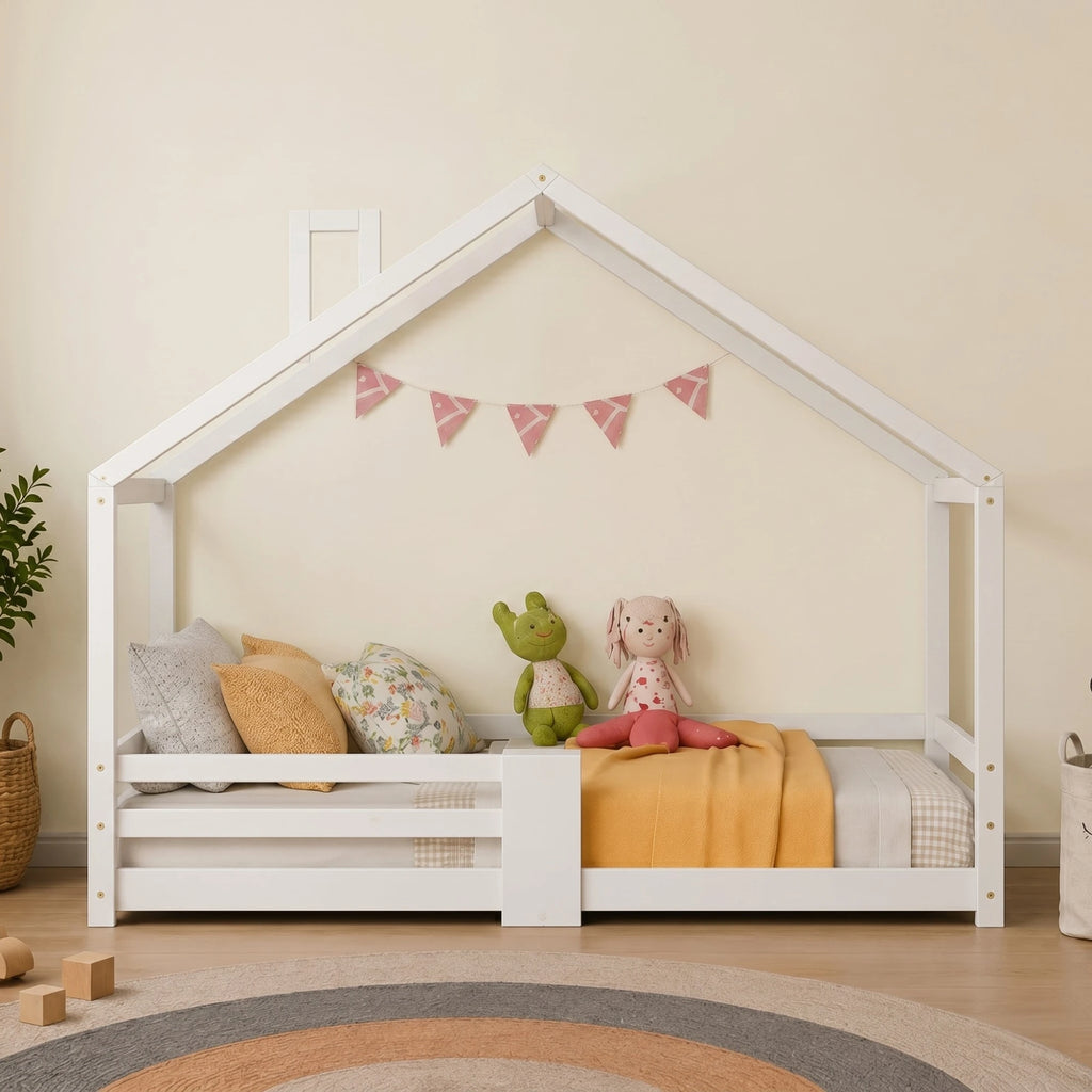 Lit Cabane Enfant Style Maison avec Barrière en Bois