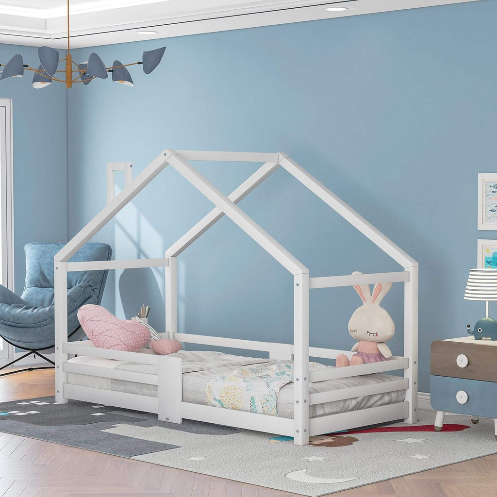 Lit Cabane Enfant Style Maison avec Barrière en Bois