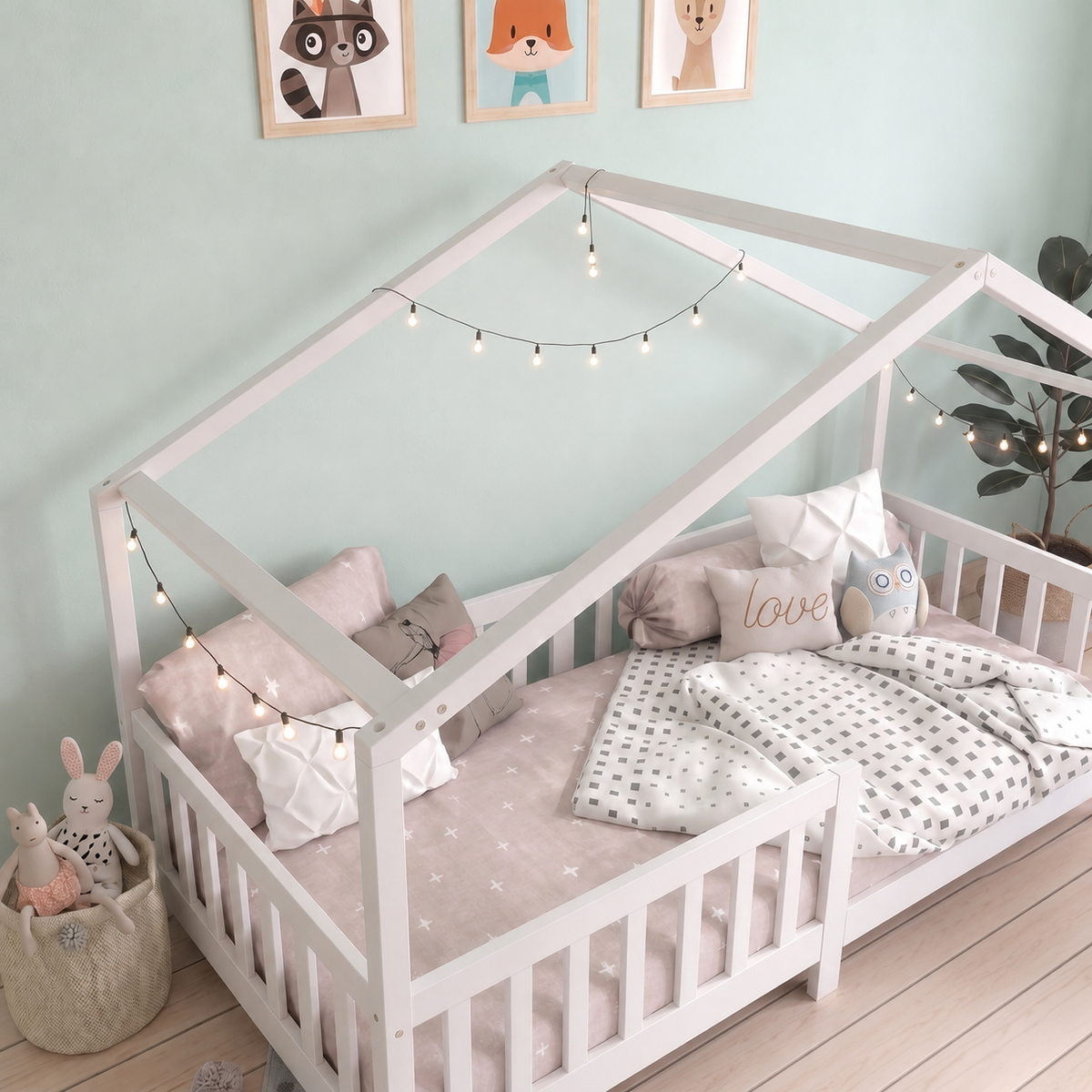 Lit Cabane Enfant avec Barrière en Bois Naturel