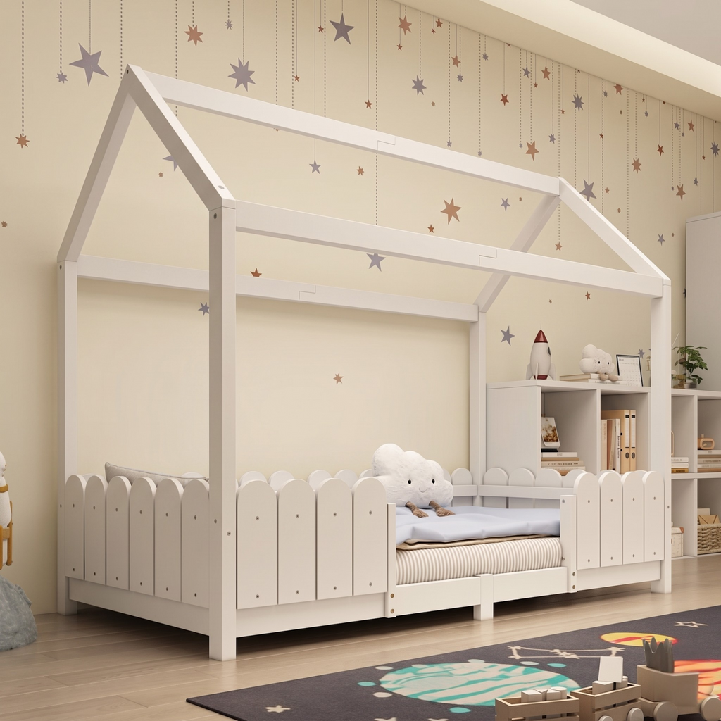 Lit Cabane Enfant avec Barrières Blanc et Gris en Bois Naturel
