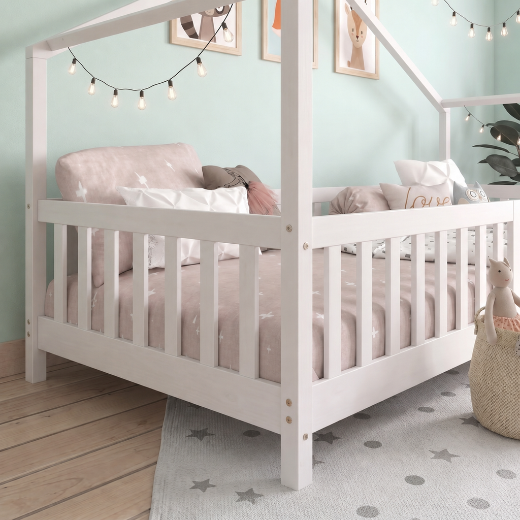 Lit Cabane Enfant avec Barrière en Bois Naturel
