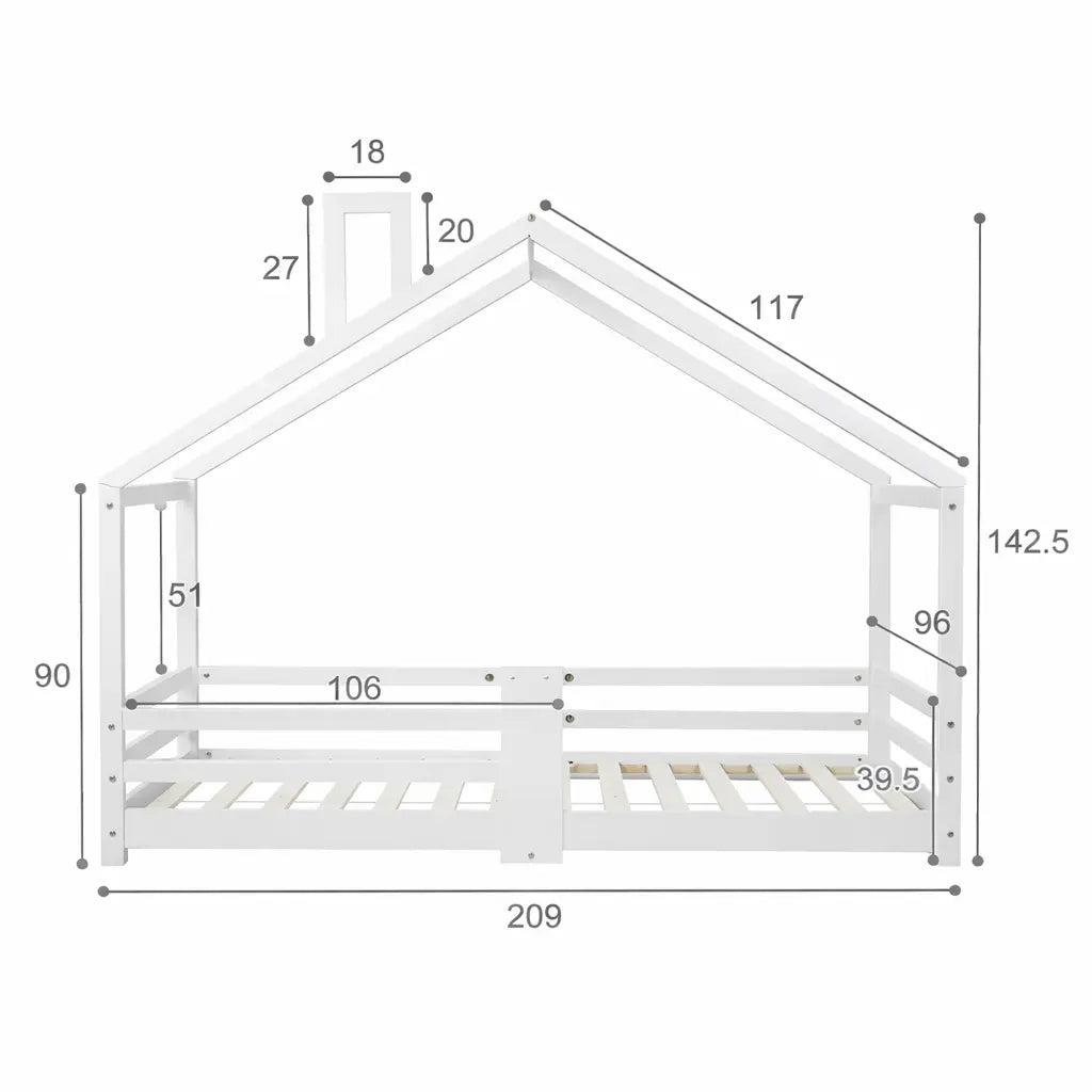 Lit Cabane Enfant Style Maison avec Barrière en Bois
