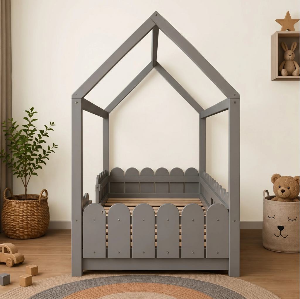 Lit Cabane Enfant avec Barrières Blanc et Gris en Bois Naturel