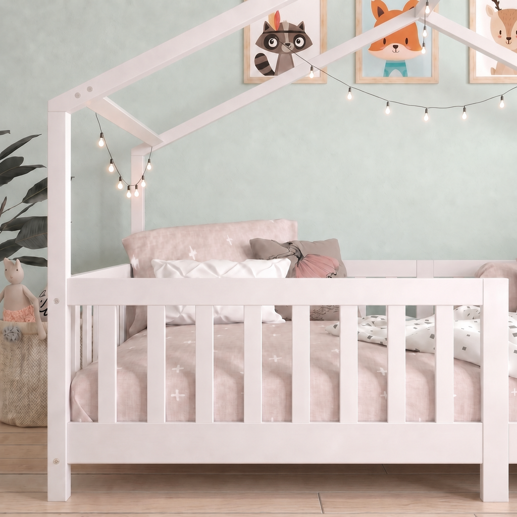 Lit Cabane Enfant avec Barrière en Bois Naturel