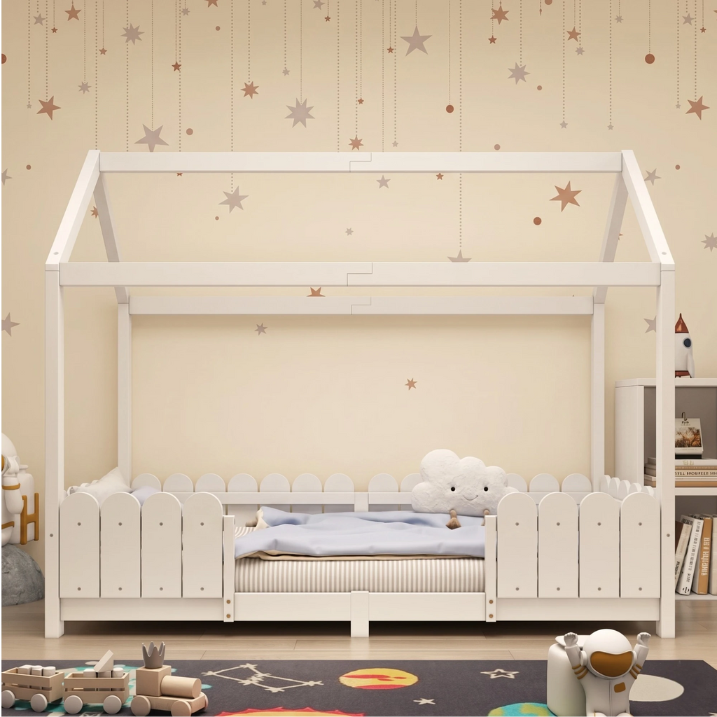 Lit Cabane Enfant avec Barrières Blanc et Gris en Bois Naturel