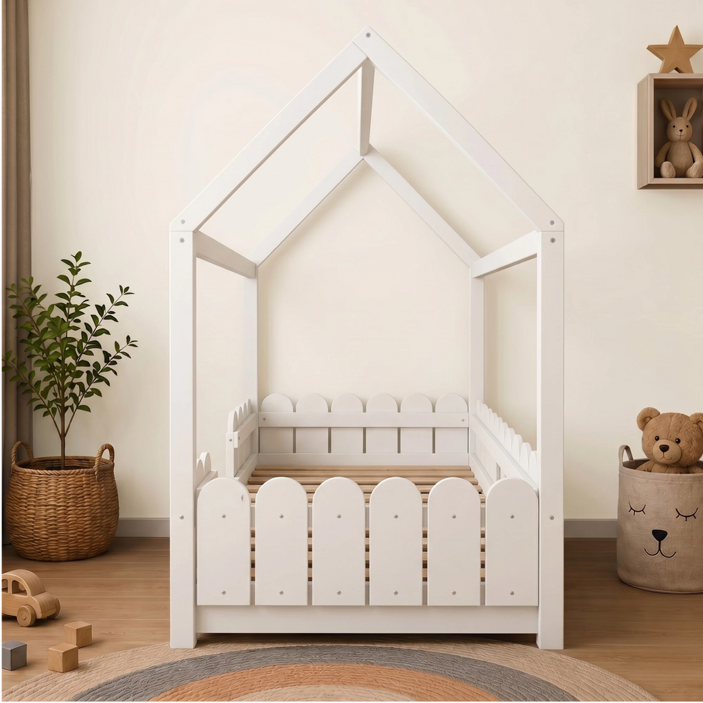 Lit Cabane Enfant avec Barrières Blanc et Gris en Bois Naturel