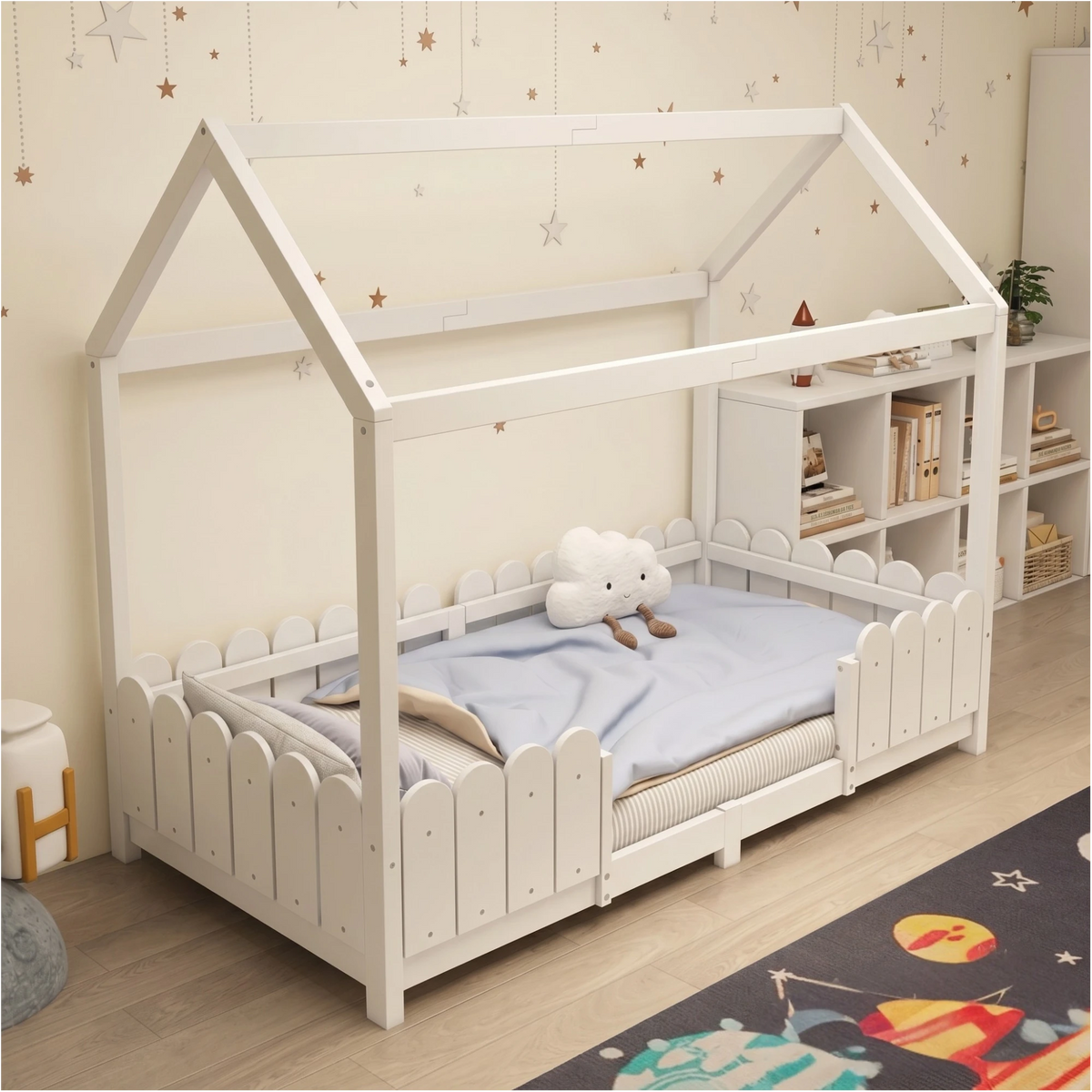 Lit Cabane Enfant avec Barrières Blanc et Gris en Bois Naturel
