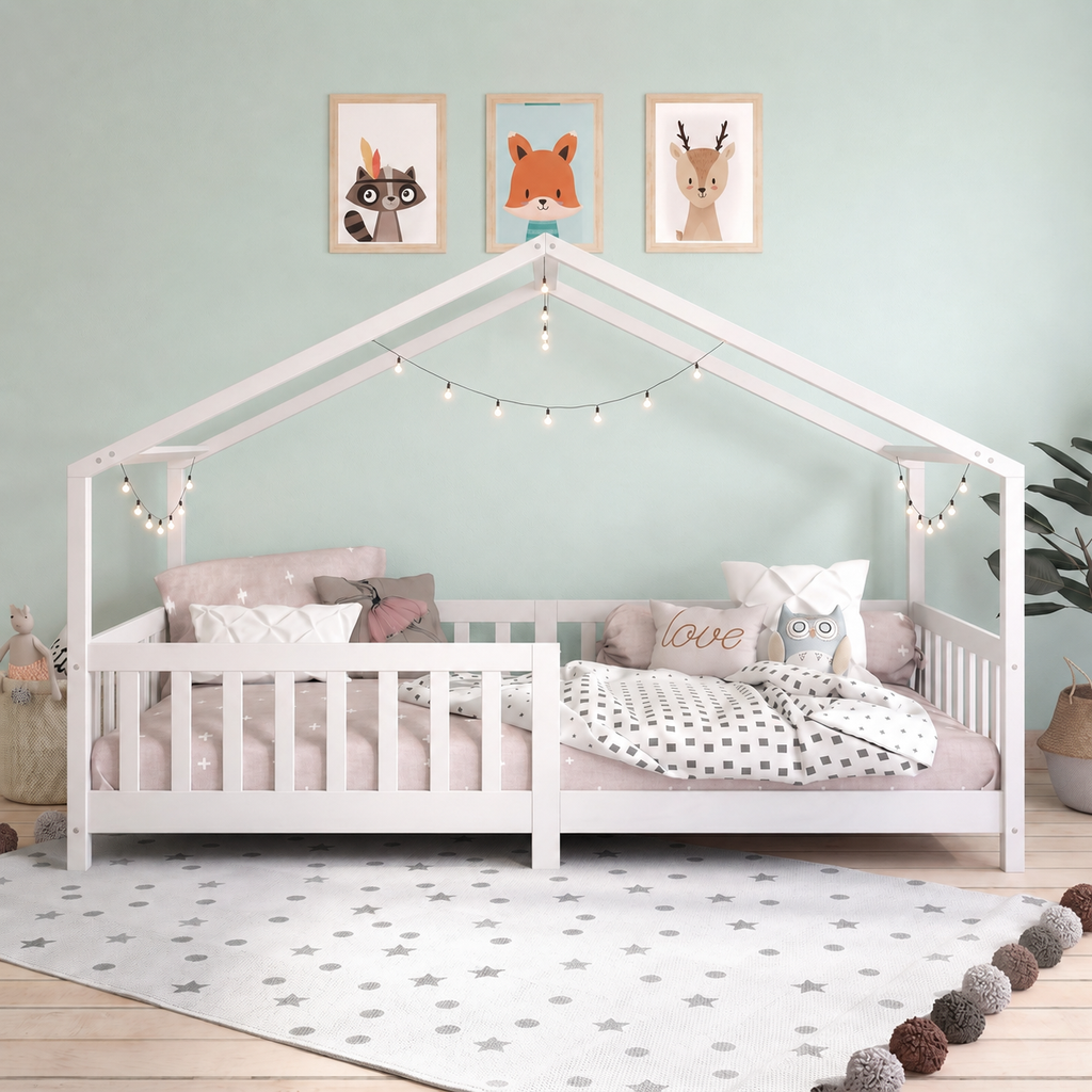Lit Cabane Enfant avec Barrière en Bois Naturel