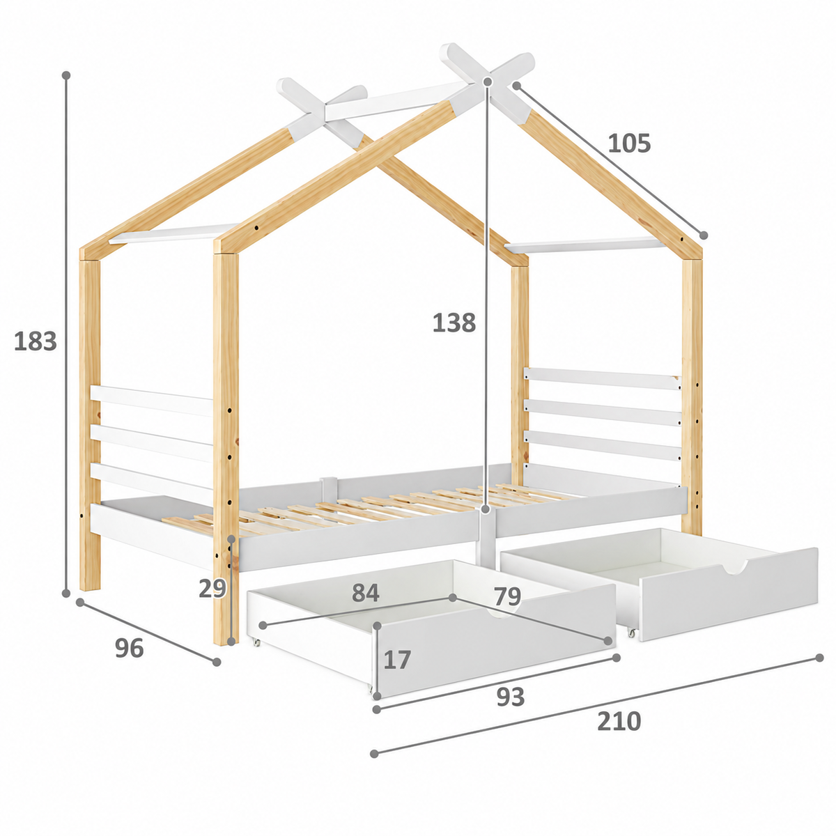 Lit Cabane Enfant avec Tiroirs et Sommier en Bois Naturel