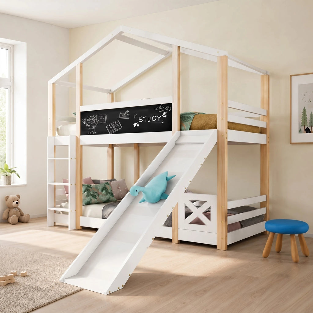 Lit Superposé Enfant avec Toboggan et Tableau | Bois Naturel