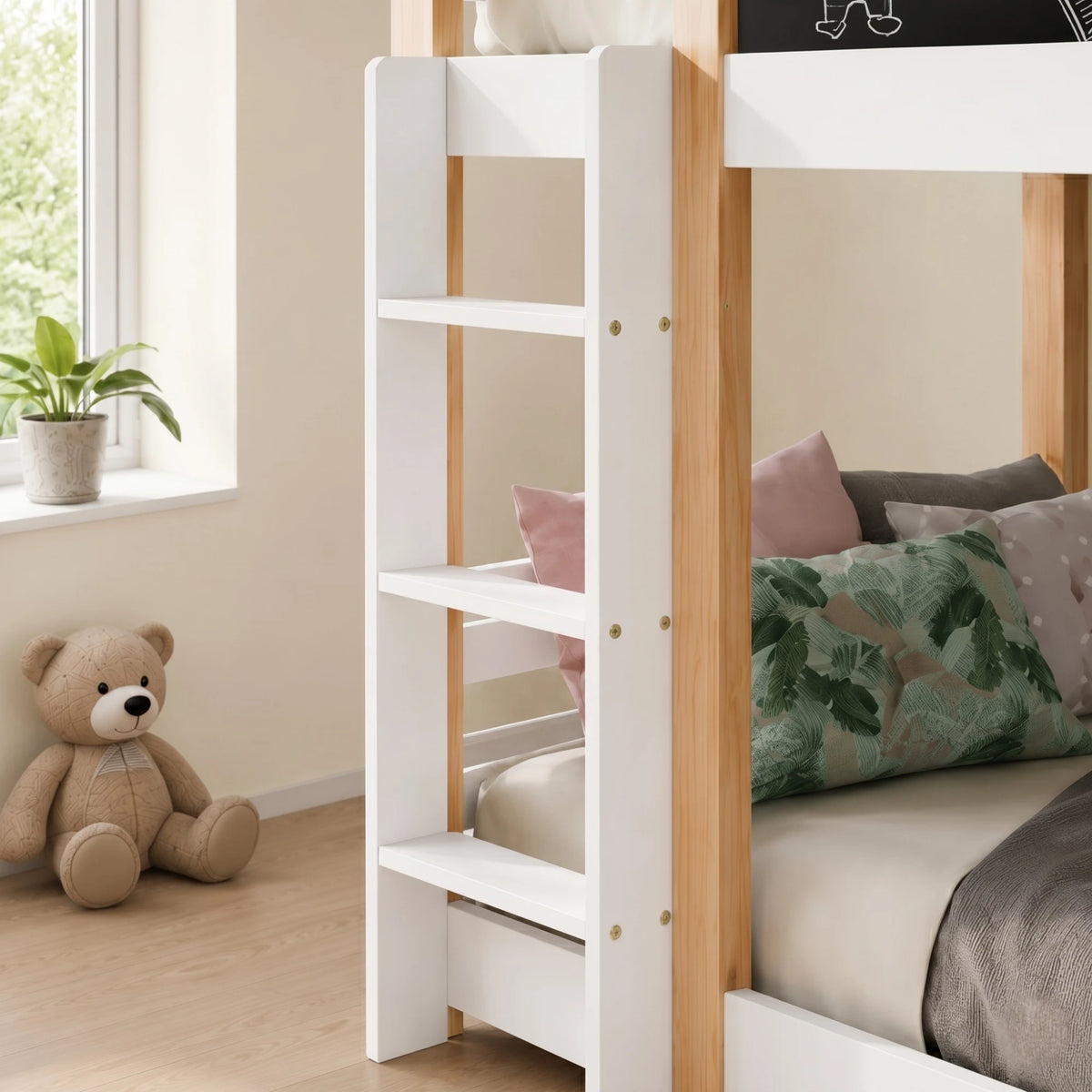 Lit Superposé Enfant avec Toboggan et Tableau | Bois Naturel