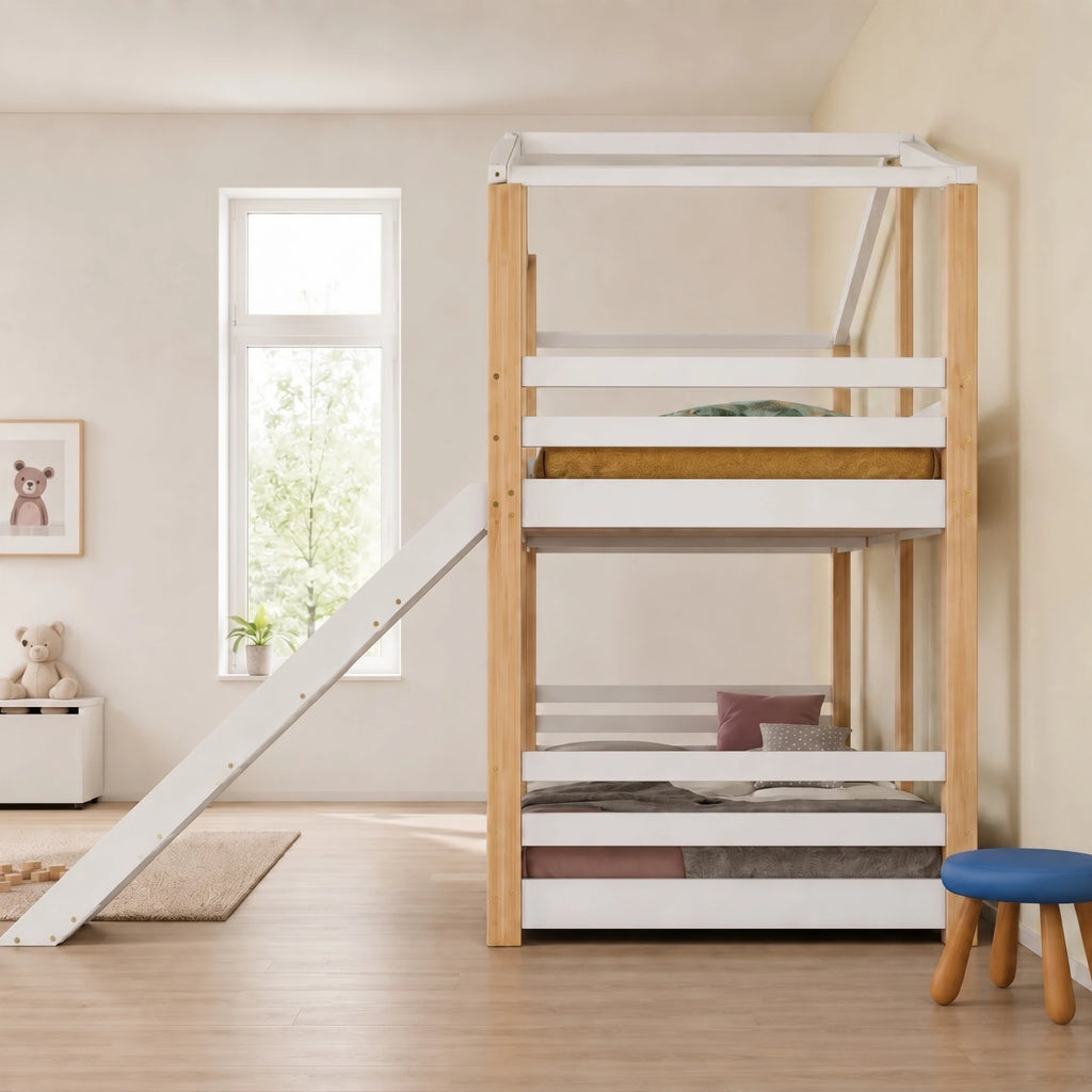 Lit Superposé Enfant avec Toboggan et Tableau | Bois Naturel