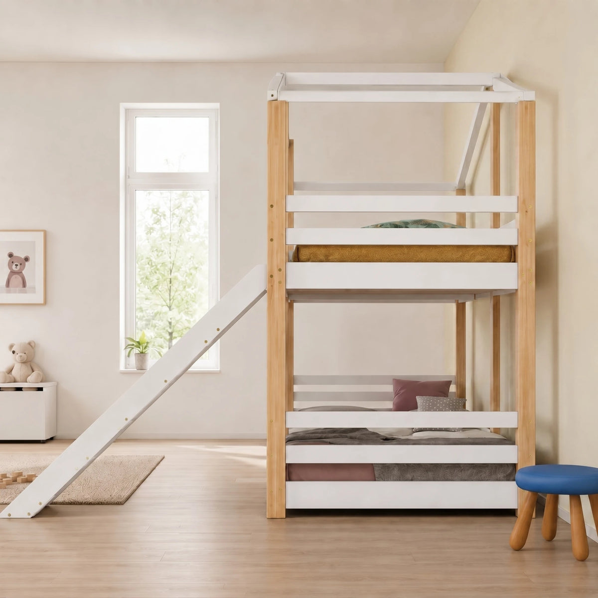 Lit Superposé Enfant avec Toboggan et Tableau | Bois Naturel