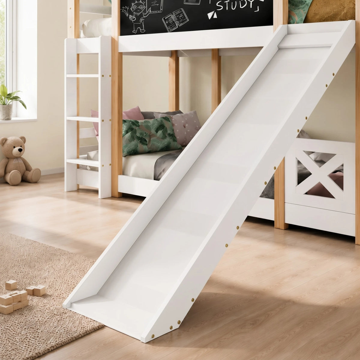 Lit Superposé Enfant avec Toboggan et Tableau | Bois Naturel
